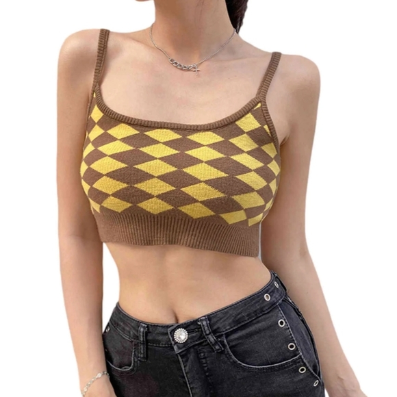 Cider~Houndstooth Checkered Crop Top Retro 90's Inspired Mustard Yellow Brown - Picture 15 of 15